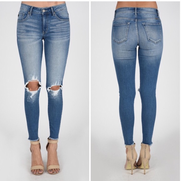 Denim - Distressed Ripped Knee Skinny Stretch Jeans